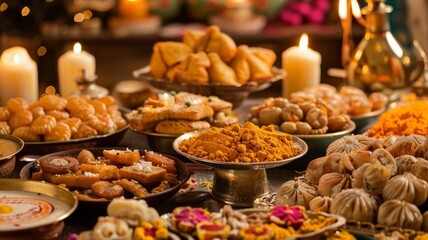 Assortment of Indian sweets and snacks - A lavish spread of various Indian sweets and snacks arranged for a festive celebration - obrazy, fototapety, plakaty