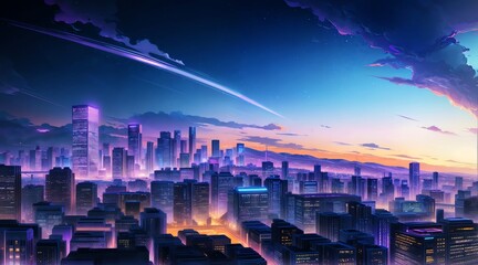 アニメ背景_空から見る摩天楼の景色_002