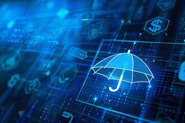 Cybersecurity concept with umbrella shield - Digital representation of cybersecurity and data protection with dollar symbol and protective umbrella icon