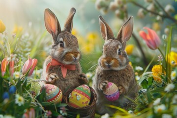 Fototapeta na wymiar Easter bunnies with colorful eggs in nature - Cute rabbits with bow ties holding decorated Easter eggs among spring flowers, symbolizing festive joy