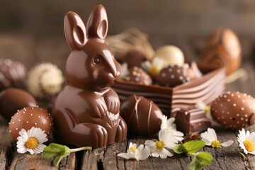 Obraz na płótnie Canvas Easter chocolate bunny among festive sweets - A chocolate Easter bunny is the centerpiece in an arrangement of festive chocolate treats and spring flowers