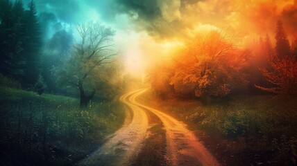 Enchanted forest path with colorful mist - Mystic scenery of a winding forest path with a dreamy fusion of warm and cool tones, symbolizing fantasy and magic