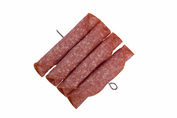 Salami smoked sausage slices on background