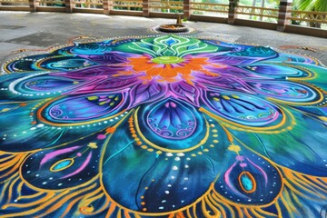 Exquisite mandala with blue and purple hues - An intricate blue and purple toned mandala art piece on the floor, exhibiting exceptional artistic skills and creativity