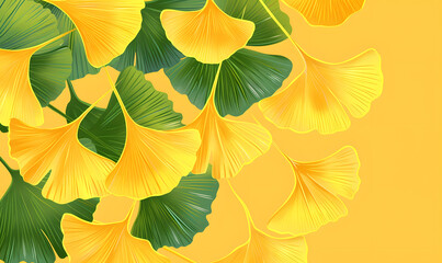 Yellow ginkgo biloban leaves hand drawn colourful green and yellow background,  Generative AI 