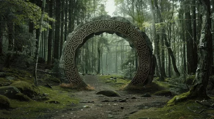 Afwasbaar Fotobehang Kaki Stunning portal concept decorated with Viking runes. forest landscape
