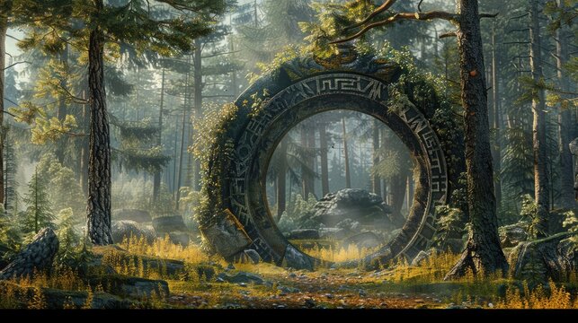 Stunning portal concept decorated with Viking runes. forest landscape