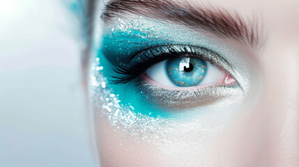 Dynamic turquoise and silver smoky eye makeup, enhancing a face against a white background