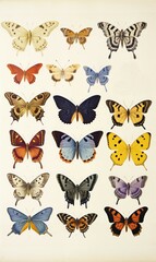 Collection of butterflies on white background, set of colourful butterflies.