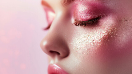  Ethereal pastel pink and gold smoky makeup gracing a face, isolated on a white background captured by ultra hd quality