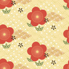 Red Cherry blossom flower element. Green and yellow natural background pattern in Japanese style	