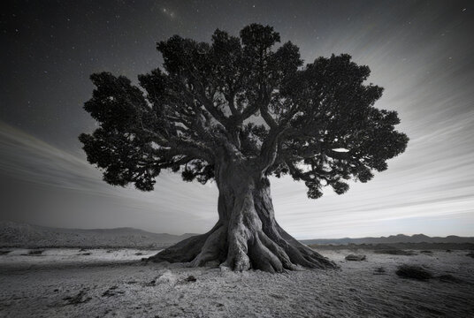 Big tree in the desert of Namibia. Black and white image