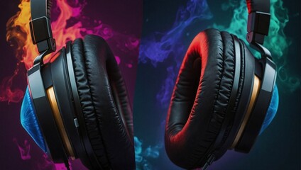 Stereo headphones exploding in festive colorful splash, dust and smoke with vibrant light effects on loud music sound, pulse, bass and beats, ready for party - obrazy, fototapety, plakaty
