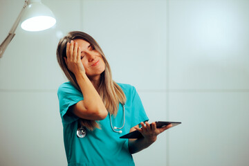 Stressed Medical Doctor Holding a Tablet Pc Feeling Overwhelmed. Stressed health care worker...
