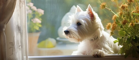 A small white West White Terrier dog sits on a windowsill, looking out of the window of the house. The dog appears calm and alert as it observes its surroundings.