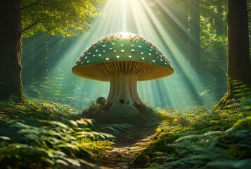 Mushroom in the forest at sunset. Fantasy magic landscape. - obrazy, fototapety, plakaty
