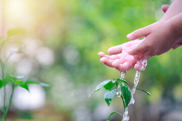 Hands of baby kid watering plants. growing nurturing tree growing on fertile soil with green and yellow bokeh background. nurturing baby plant. protect nature and environment concept.