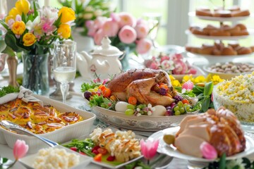 Gourmet Easter dinner spread on a sunny table - A sumptuous table boasting a roasted chicken centerpiece, surrounded by vibrant spring flowers and an array of Easter side dishes