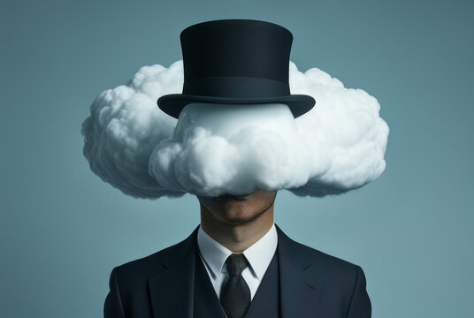 Portrait of young businessman with cloud instead of head on grey background