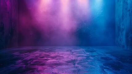 Neon light gradient with foggy atmosphere - An empty room is filled with dense fog and vibrant neon lights creating a gradient effect