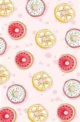 Donut wallpaper with a fruit motif on a soft colored background