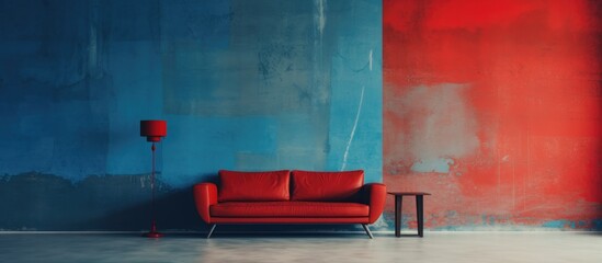 A red couch is placed in front of a shiny blue cement wall. The contrast between the red and blue colors creates a bold and eye-catching visual. The couch is the focal point of the room, standing out