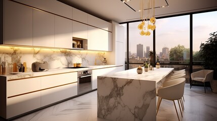 Interior of modern kitchen with black and white walls, concrete floor, white cupboards and wooden...