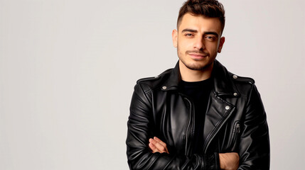 Obraz premium Fashionable Elegant Man in a Black Leather Jacket Looking at the Camera
