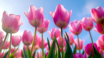 Red and Yellow Tulips Against Blue Sky