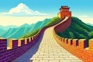 Fototapeta na wymiar Majestic Great Wall of China over green hills landscape background.