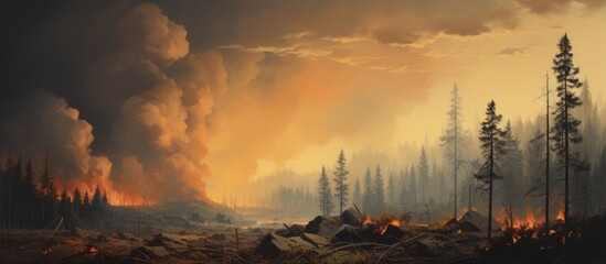 A painting depicting a raging fire engulfing trees in a forest, with thick smoke billowing up into the sky. Flames consume the underbrush, creating a fierce and destructive scene. - obrazy, fototapety, plakaty