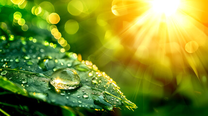 Transparent Drops of Water on a Green Leaf With Sun Glare