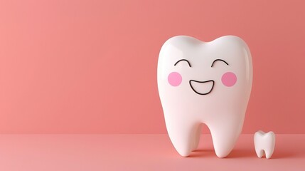 3d cartoon tooth character on soft pastel background with space for text placement
