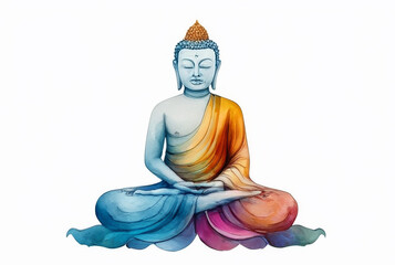 Buddha statue in lotus position on watercolor background.