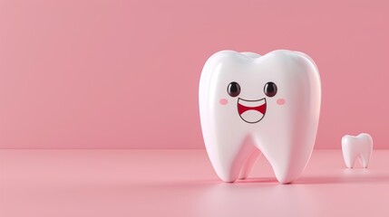 3d cute cartoon tooth character on pastel color background with copy space for text placement
