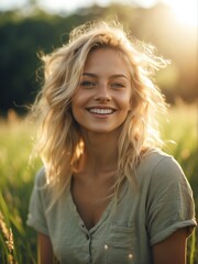Portrait of a happy smiling young blonde woman on grass lands with sunlight rays, concept of faith joy happiness worship from Generative AI