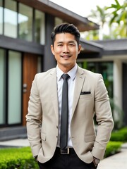 Portrait of confident asian man real estate agent outside a modern home, real estate sale ad business concept from Generative AI