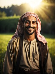 Portrait of a happy smiling arab man on grass lands with sunlight rays, concept of faith joy happiness worship from Generative AI