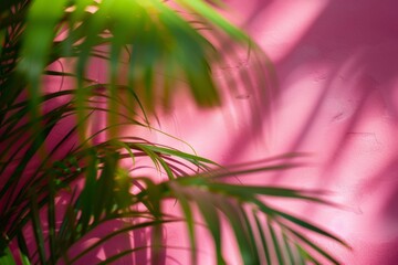 Green leaves on a pink background