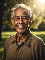 Portrait of a happy smiling elderly hispanic man on grass lands with sunlight rays, concept of faith joy happiness worship from Generative AI