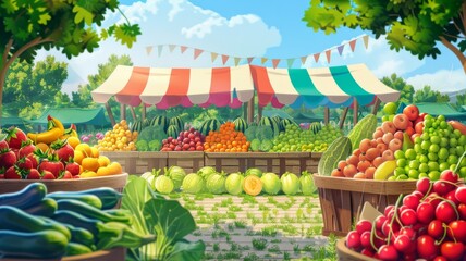 Stall full of tropical fruits under canopy - Tropical fruit abundance at a cheerful open-air market stall covered with a colorful striped canopy