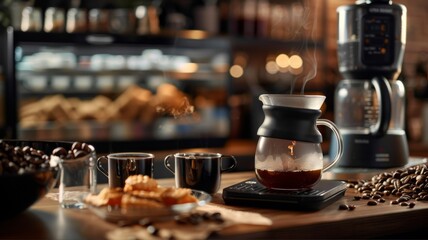 Steaming coffee brew in a modern kitchen - An inviting scene of a fresh coffee brew standing amidst beans and pastries with a modern coffee maker in background