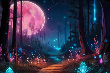Enchanting fantasy forest art. Bioluminescent plants, glowing crystals, fireflies. Pandora-like planet at night. Epic landscape with blue and pink glow.  - obrazy, fototapety, plakaty