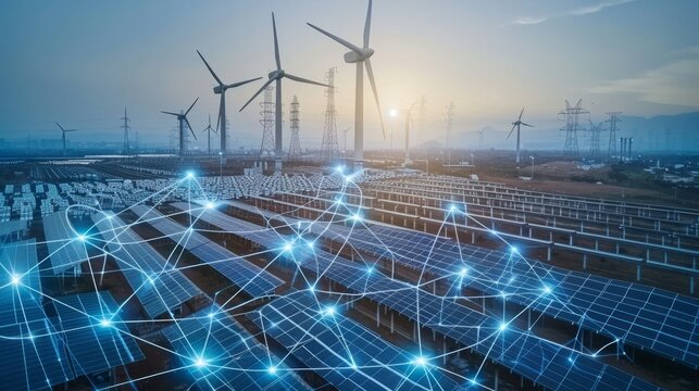 Green energy integration concept with wind turbines, solar panels, and eco friendly technology