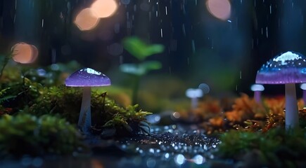 Glowing mashroom in the forest at the midnight.  - obrazy, fototapety, plakaty