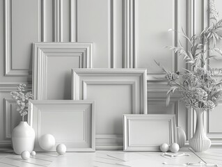 different size white blank frames on the white cozy wall