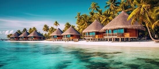 tropical beach in Maldives with few palm trees and blue lagoon - Powered by Adobe