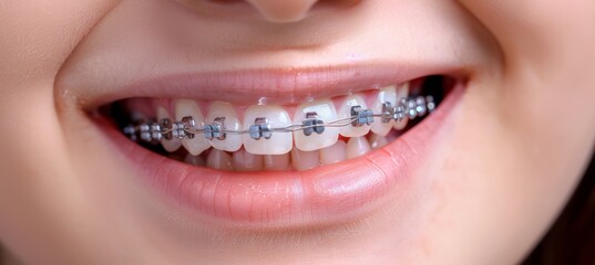 Happy child s smile with white teeth and metal braces on bright white background with text space