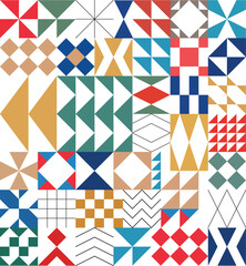 Geometric background in retro style. Colrful square and triangle shapes pattern