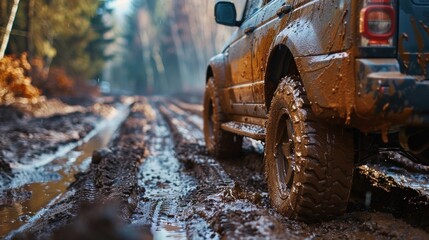 Fototapeta premium Suv caked in mud boasts an extreme journey through natural trails